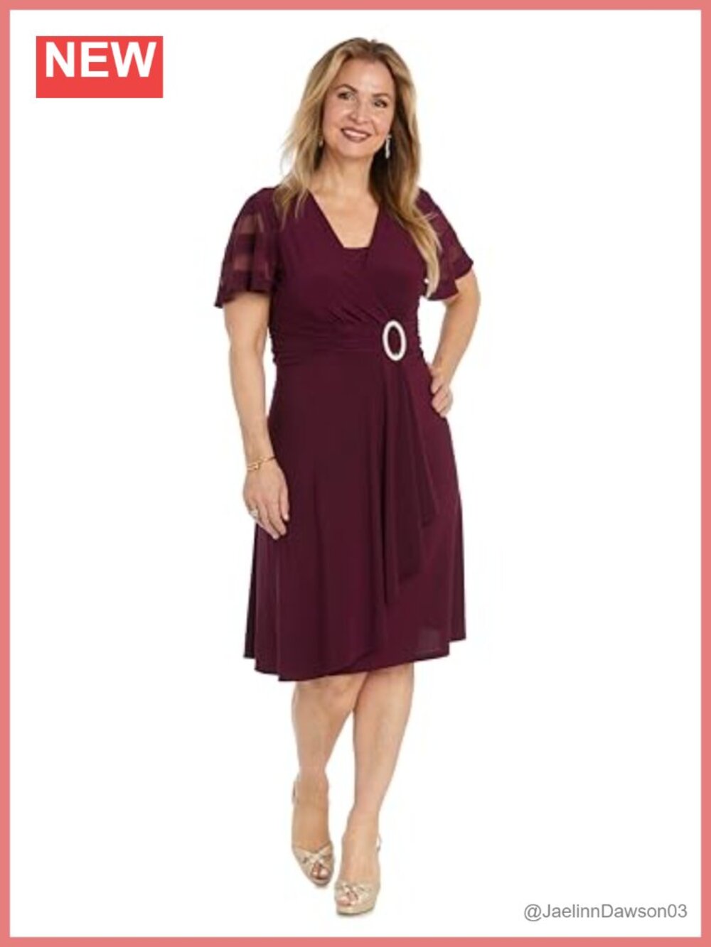 R&M Richards Allegra Cascade Dress Faux Wrap Sheer Sleeves Knee-Length